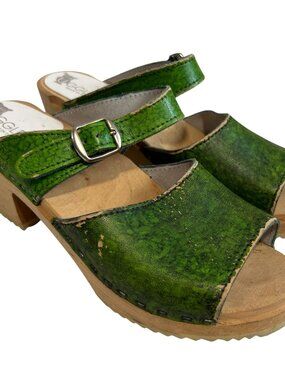 Ugglebo Swedish clog sandals green faux leather 38 wooden platform slip on